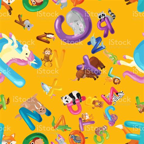 Animals Alphabet Background Set Of Cartoon English Type Letters With