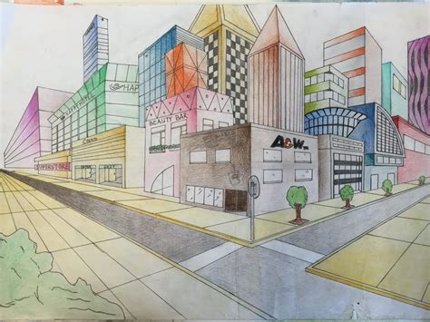 Two Point Perspective Futuristic City Drawing Jennifer Chen