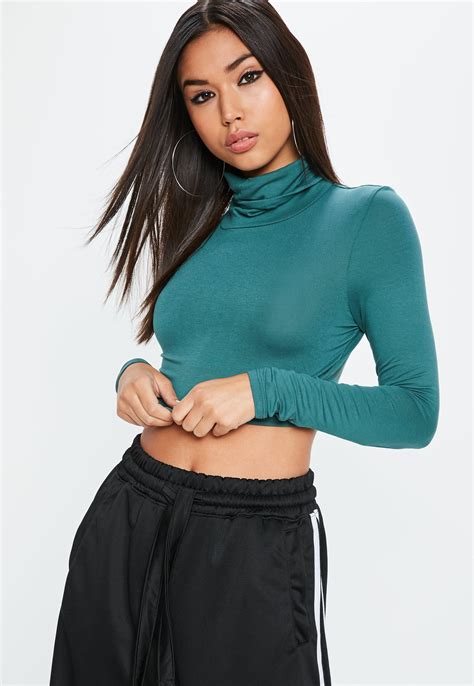Lyst Missguided Green Turtleneck Long Sleeve Crop Top In Green