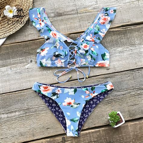 Cupshe Blue Floral Ruffle Reversible Bikini Sets Women Lace Up Cute Two