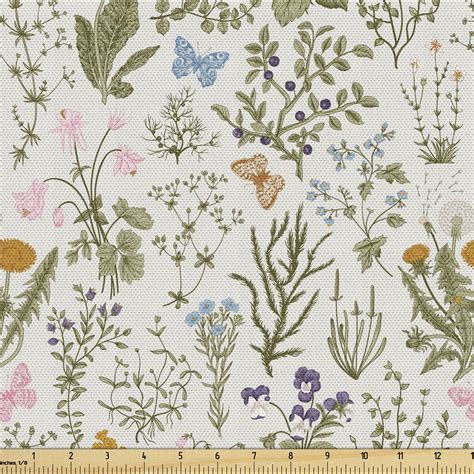 Floral Fabric By The Yard Vintage Garden Plants With Herbs Flowers