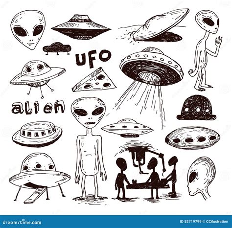 Set Of Alien And Ufo Icon Hand Drawn Vector Illustration Stock Vector