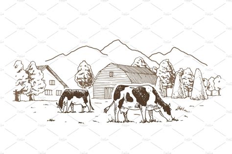 Dairy Farm Cows Graze In The Meadow Animal Illustrations ~ Creative
