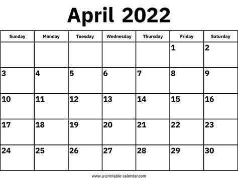 2022 Monthly Calendar Printable Free April 2022
