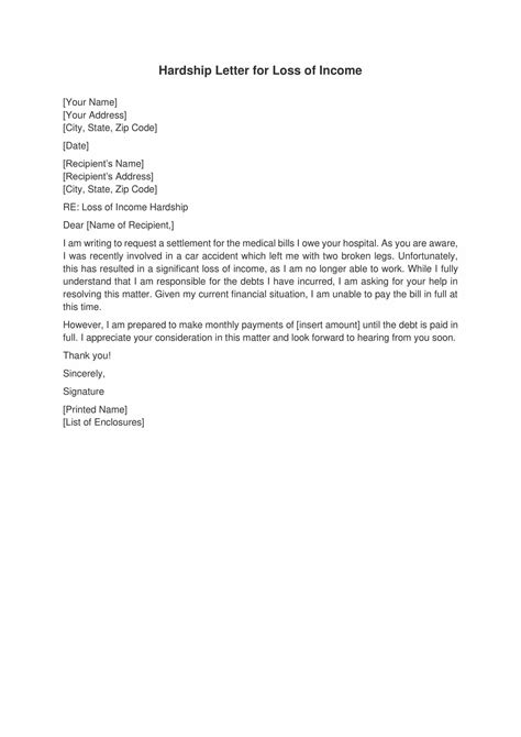 Hardship Letter for Loss of Income - Draft Destiny