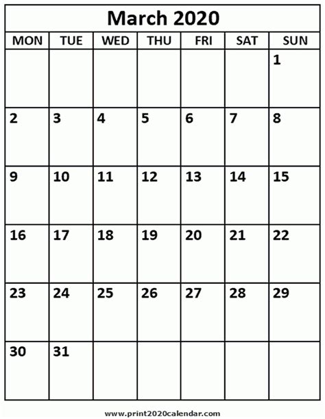 Monthly Calendar Printable 2020 Portrait Monday Start Calendar