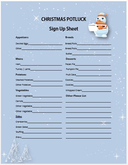 Christmas Potluck Sign Up Sheet Sample Professionally Designed Templates