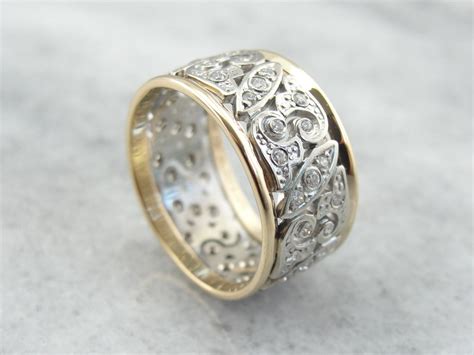 Exquisite Mid Century Wedding Band In White Gold Filigree Paved With