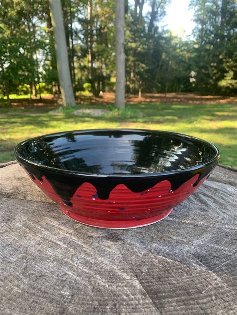 Handmade Ceramic Bowl Red With Black Drips Signed Usa Etsy