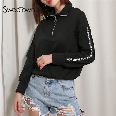 Sweetown Oversized Hoodie Korean Style Harajuku Sweatshirt Black Long Sleeve Womens Clothing