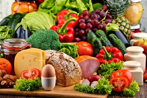 Organic Food Including Vegetables Fruit Bread Dairy And Meat Stock