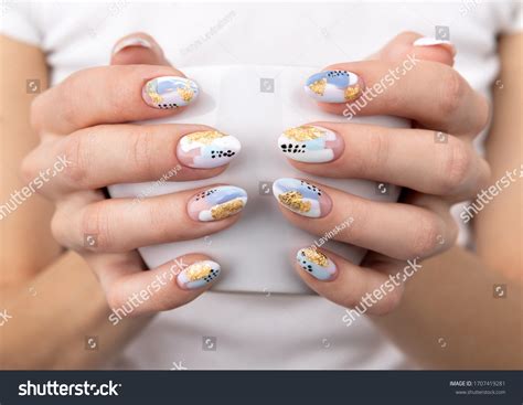 Womans Hands Trendy Pastel Color Nails Stock Photo