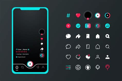 Youtube live logo, tiktok, video, musically, vine, online video platform, music video, live streaming, hashtag. Tiktok app interface with icons set | Free Vector