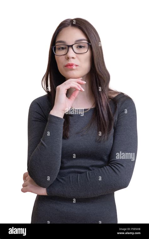 the girl with glasses her hand under her chin and looks in front a model on a white