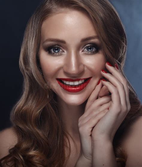 Closeup Portrait Of Smiling Caucasian Young Woman Model With Glamour Red Lips Bright Makeup