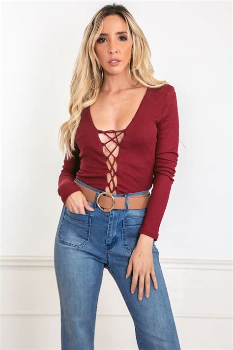 Ribbed Lace Up Bodysuit Burgundy Haute And Rebellious High Waist Jeans High Waisted Rib