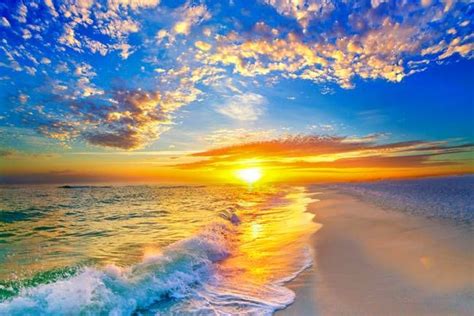 Golden Sunset Beach Blue Sky By Eszra Tanner Puestas