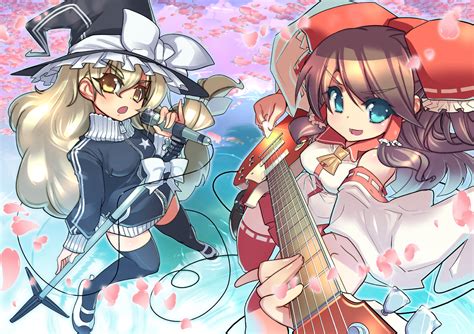 2girls Aqua Eyes Blonde Hair Bow Brown Hair Guitar Hakurei Reimu Hat Instrument Japanese Clothes