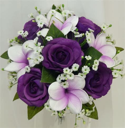 This wedding flower guide lists some popular wedding flowers for bridal bouquets, considering you can't go wrong with a wedding bouquet made up of gardenias, some greenery, and silk orchids are generally purple, ranging from a gray purple to red purple hue, but other colors exist as well. SILK WEDDING BOUQUET LATEX PURPLE ROSES FRANGIPANI WHITE ...