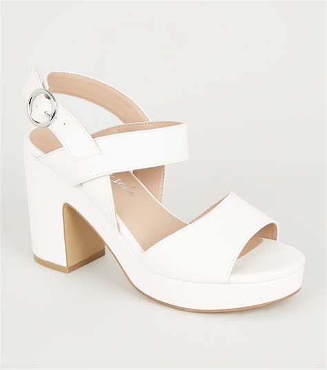 White 2 Part Chunky Block Heel Sandals New Look Heels Block Heels Sandal White Sandals Heels