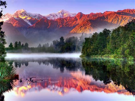 South Island New Zealand Landscape Reflection River Forest Fog Mist