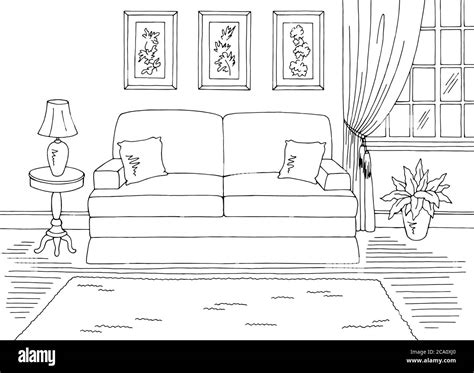 Living Room Graphic Black White Classic Home Interior Sketch
