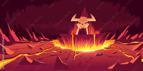 Hell Landscape Cartoon Vector Illustration Infernal Stone Cave With