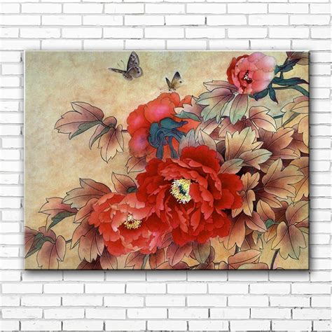 Chinese Style Red Peony Butterfly Scenery Canvas Printings Oil Painting