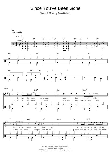 since you ve been gone sheet music rainbow drums