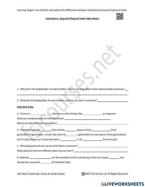 Inherited Vs Acquired Traits Video Notes Worksheet Live Worksheets