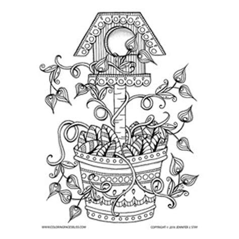 Free colouring pages for adults. Spring Birdhouse with Flowering Vines Coloring Page