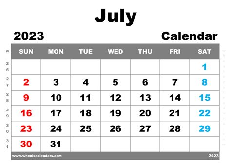 Free Printable July 2023 Calendar With Week Numbers Pdf In Landscape