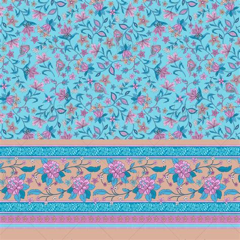Boho floral border surface pattern design, fabric print LPS124 blue ...