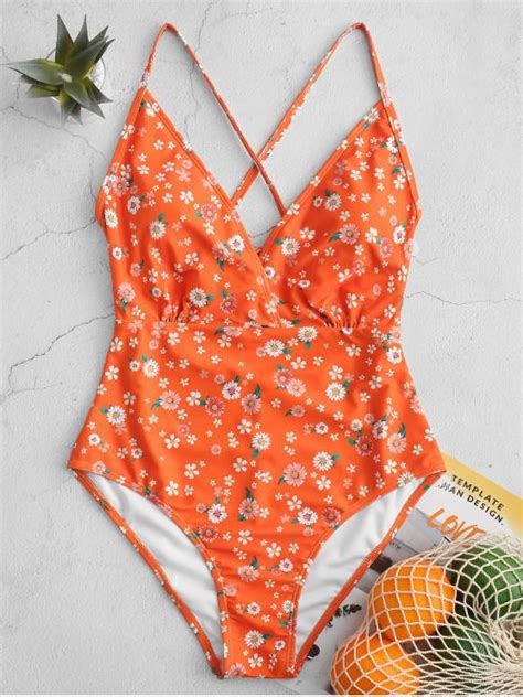 30 Off 2021 Zaful Ditsy Print Criss Cross One Piece Swimsuit In