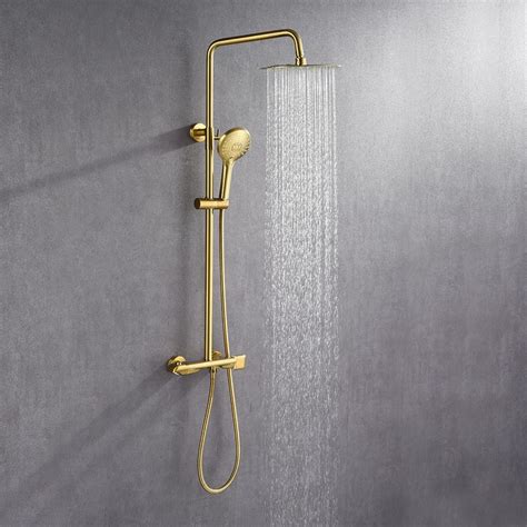 10 Modern Luxury Exposed Shower Fixture Thermostatic Rainfall Shower Head Brushed Gold Gold