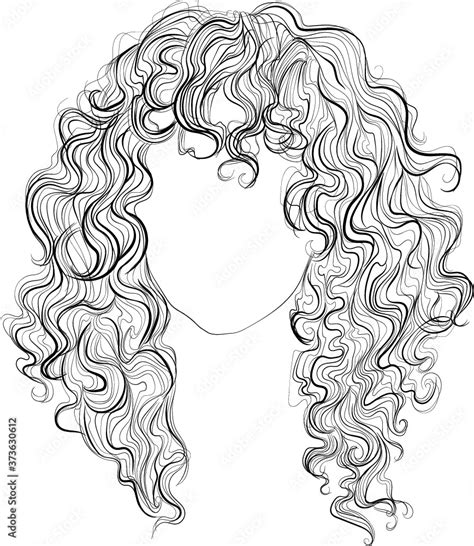 long curly hair vector illustration black and white outline drawing stock ベクター adobe stock