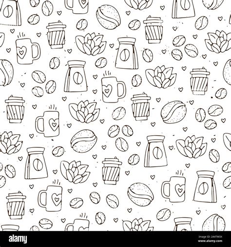 Vector Seamless Coffee Pattern With Coffee Beans And Leaves Sack Of