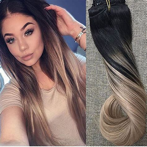 Thick Dip Dye Ombre Balayage Remy Clip In Human Hair Extensions Black Ash Blonde Hotqueen