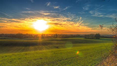 Green Open Field Hdr Landscape Grass Sunset Hd Wallpaper