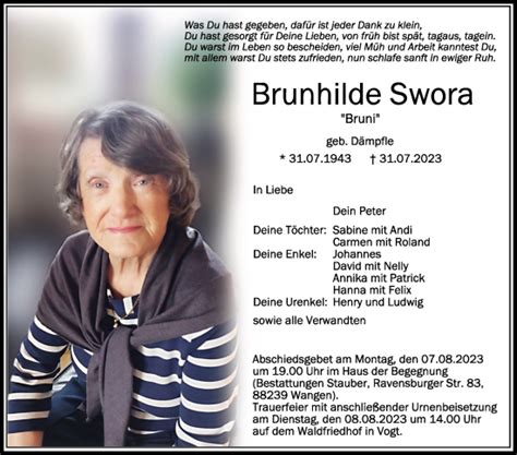 Traueranzeigen Von Brunhilde Swora Schwaebische De Trauerportal