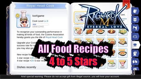 Ragnarok M Eternal Love All Food Recipes 4 To 5 Stars Youtube