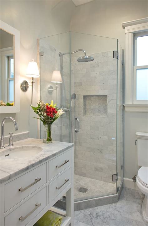 Corner Shower Small Transitional Gray Tile And Stone Tile Marble