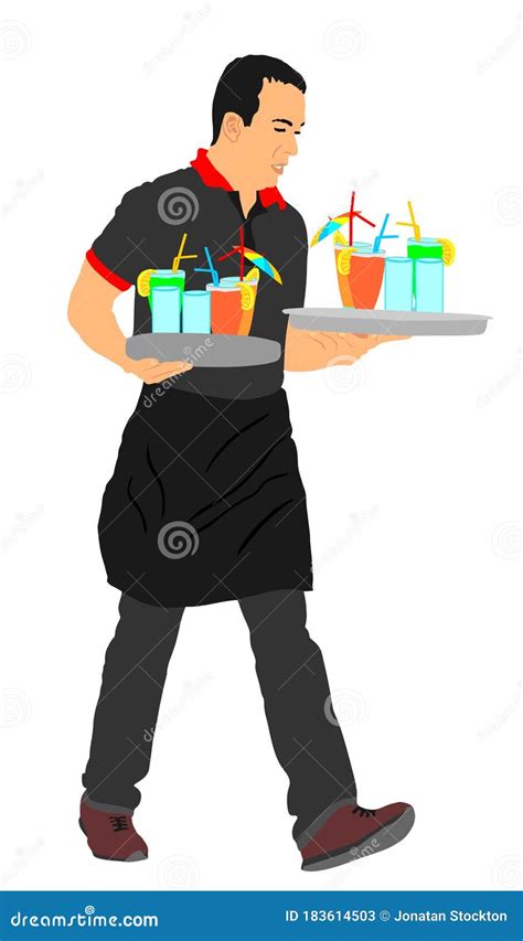 Waiter Holding Tray With Order Drinks For Guests Vector Illustration
