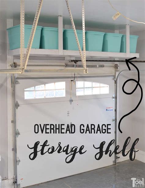 Overhead diy garage storage system tuck medium and lightweight stuff onto shelves suspended from the ceiling. Overhead Garage Storage Shelf - Her Tool Belt