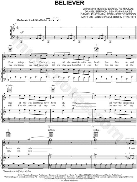 Printable sheet music file, 1 copy • 7 pages, id: Print and download Believer sheet music by Imagine Dragons. Sheet music arranged for Piano/Vocal ...