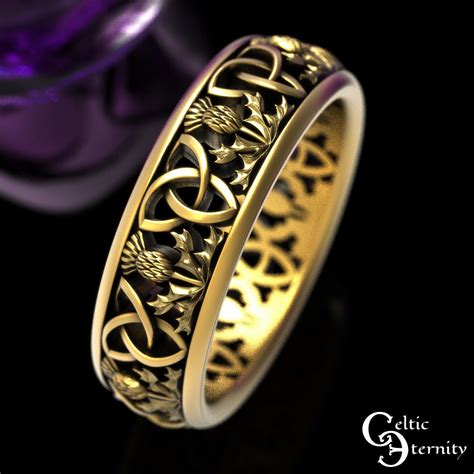 Gold Classic Scottish Wedding Band Yellow Gold Thistle Ring Gold