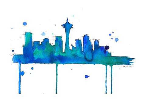 Seattle Skyline Travel Illustration Art Watercolor