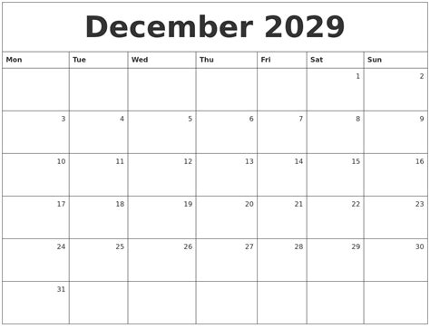 December 2029 Monthly Calendar