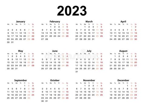 Calendar Layout For 2023 Year Week Starts From Monday Stock Vector