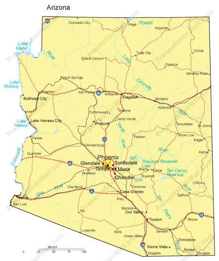 Arizona Map Major Cities Roads Railroads Waterways Digital